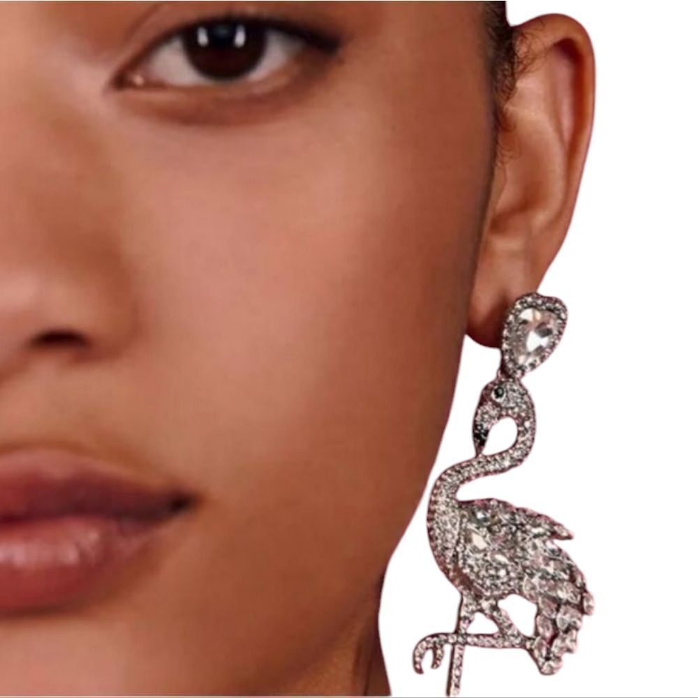New ZARA Silver flamingo white rhinestone earrings